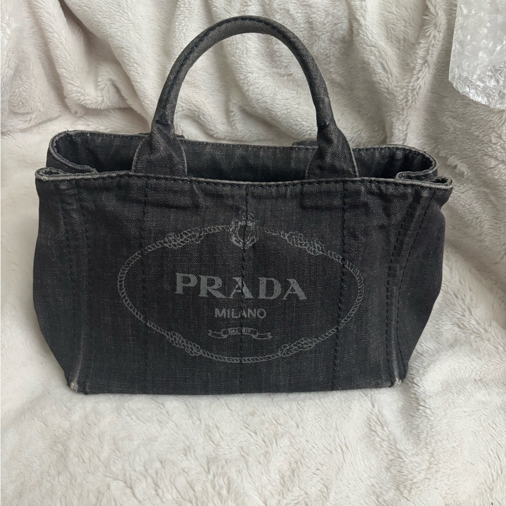 Prada Canapa Black/Charcoal Small Denim Tote